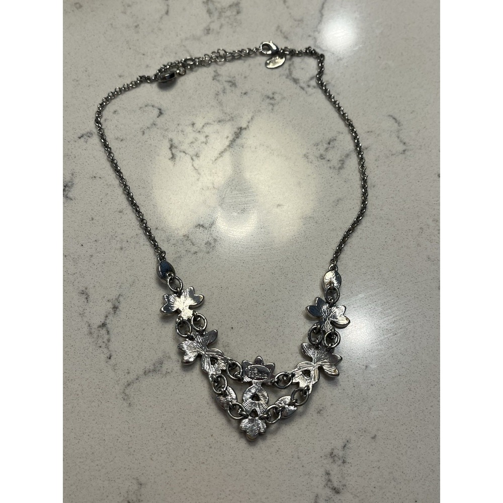 Lia Sophia Silver Floral Statement Necklace White Enamel Crystals Adjustable - Picture 2 of 7